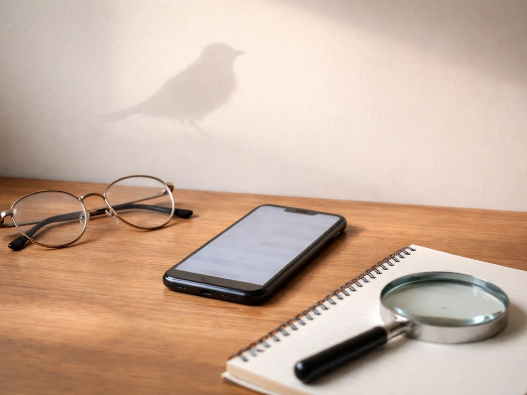 Minimal desk scene with phone, magnifying glass, eyeglasses, and a bird silhouette suggesting information verification.