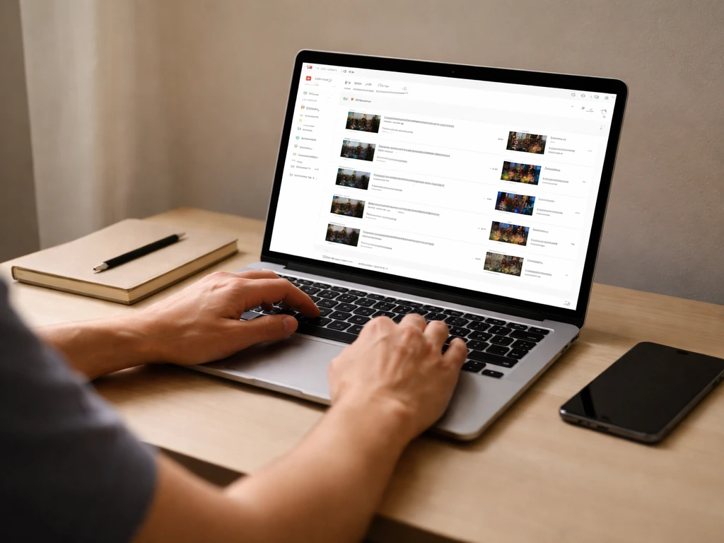 Person at a desk verifying a YouTube upload on a laptop with primary-source focus.