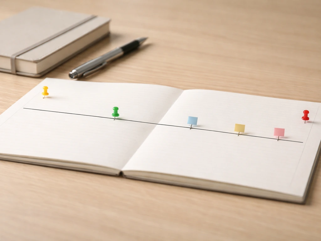 Minimal calendar timeline on a desk with small colored markers indicating years and events