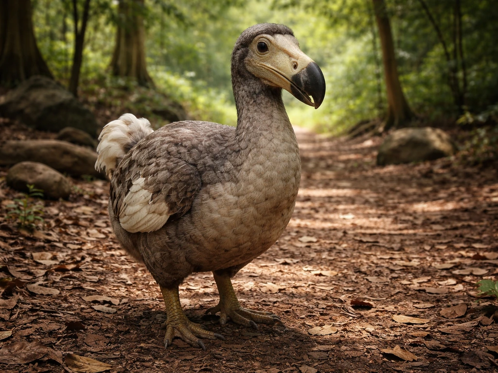 A lifelike dodo bird in a quiet historical Mauritius-style forest clearing, looking alert on the ground.