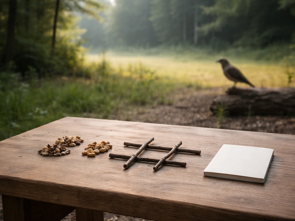 Outdoor research table with bird cues and a perched generic bird, suggesting learning and memory.
