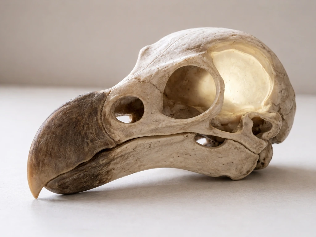 Close-up of a dodo skull model with a subtle virtual endocast silhouette inside the braincase.