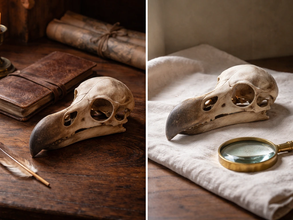 Side-by-side minimal scene comparing a dodo skull on a desk with a museum-style evidence setup, no text.