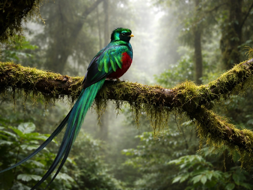 Vivid resplendent quetzal perched on mossy branches in a lush misty cloud forest.