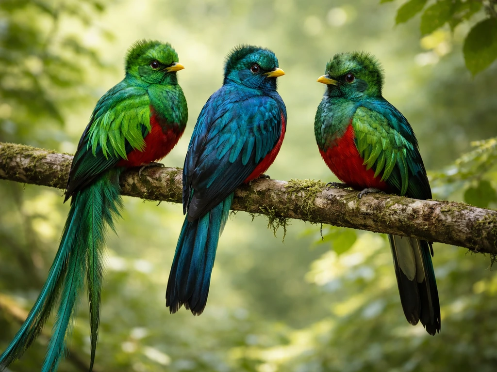 Three different Pharomachrus quetzals perched on a forest branch with distinct iridescent feather colors.