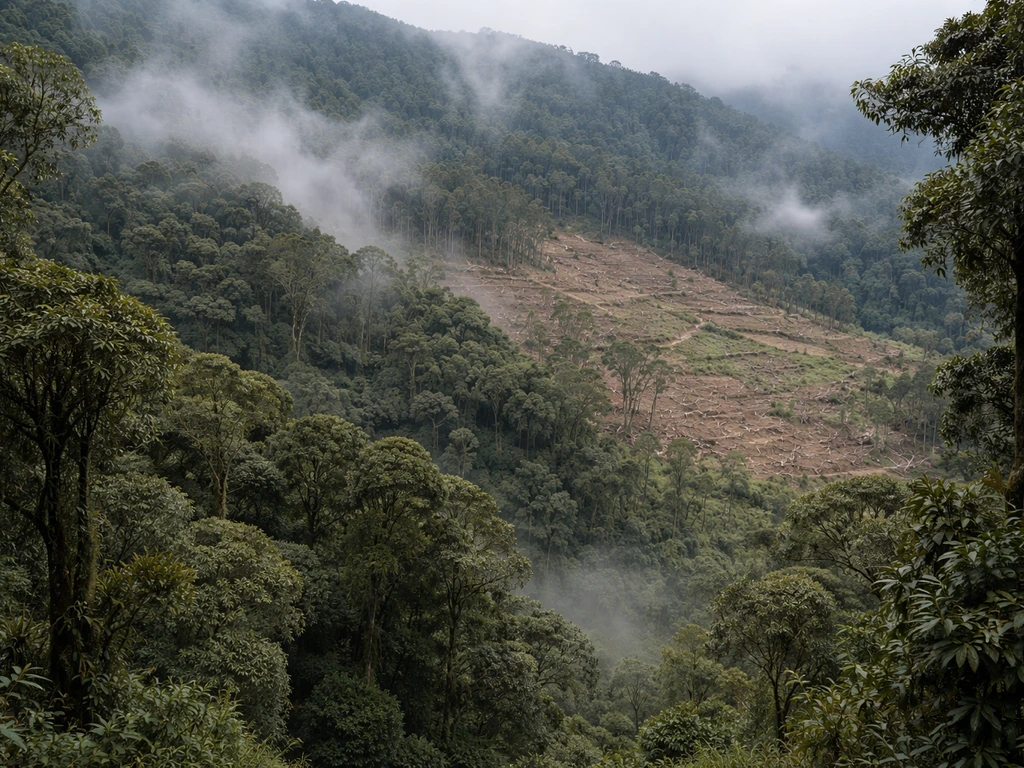 Misty cloud forest with fragmented sections where land clearing has damaged habitat for quetzals.