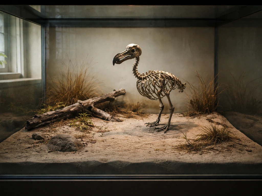 Museum diorama of an empty island habitat with a dodo skeleton behind glass.