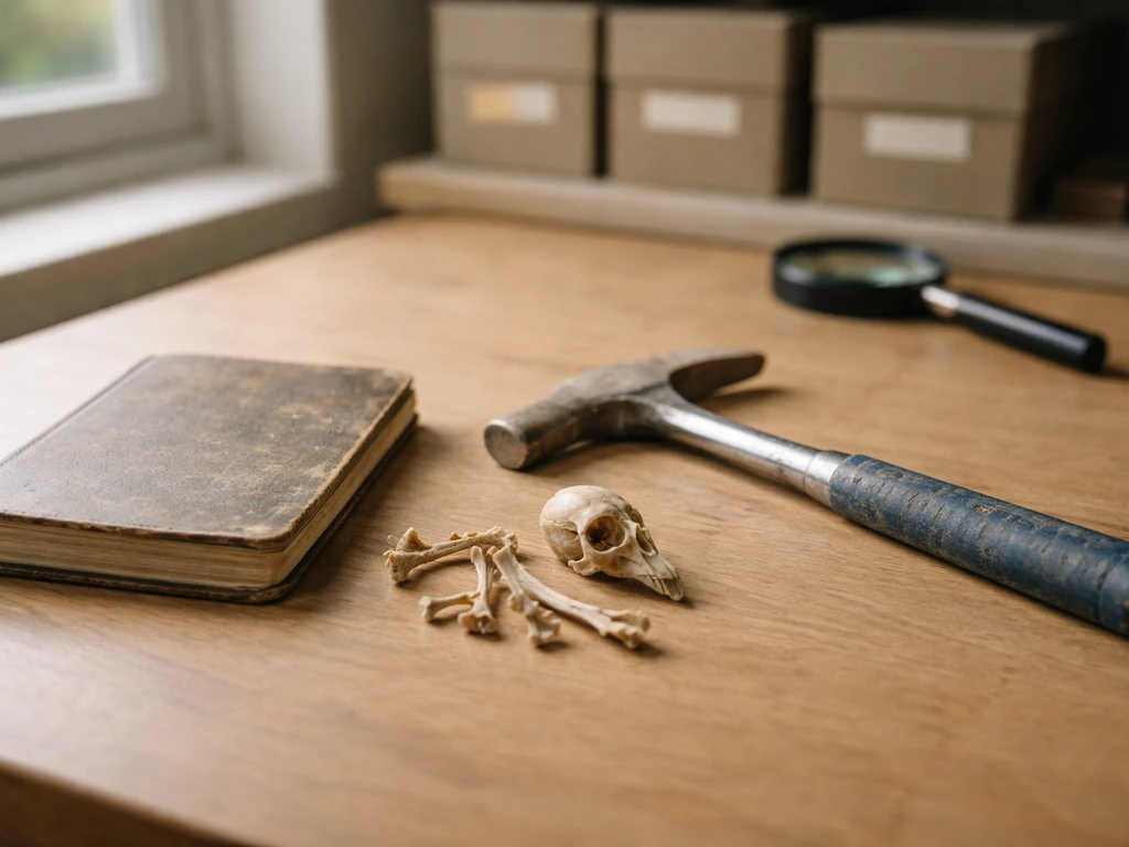 Weathered notebook and pale bird bones on a wooden desk near a window, symbolizing extinction evidence.