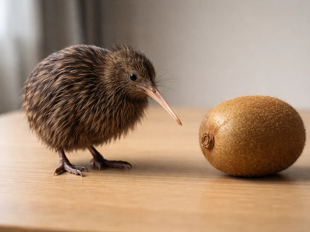 Small brown kiwi bird beside a fuzzy kiwi fruit on a wooden table in natural light.