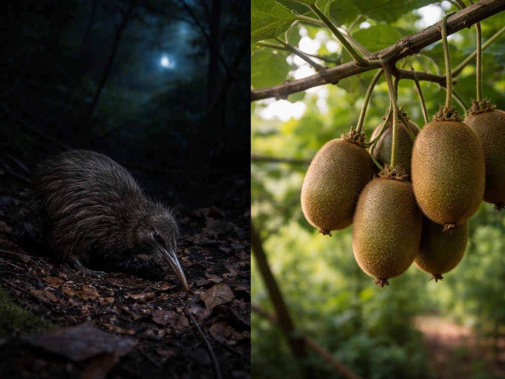 Night kiwi bird foraging on forest floor contrasted with daylight kiwi fruit on a cultivated vine
