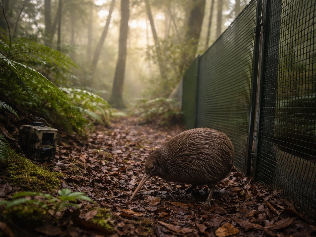 Kiwi bird on forest floor beside predator-proof fencing and a camera trap monitoring setup.
