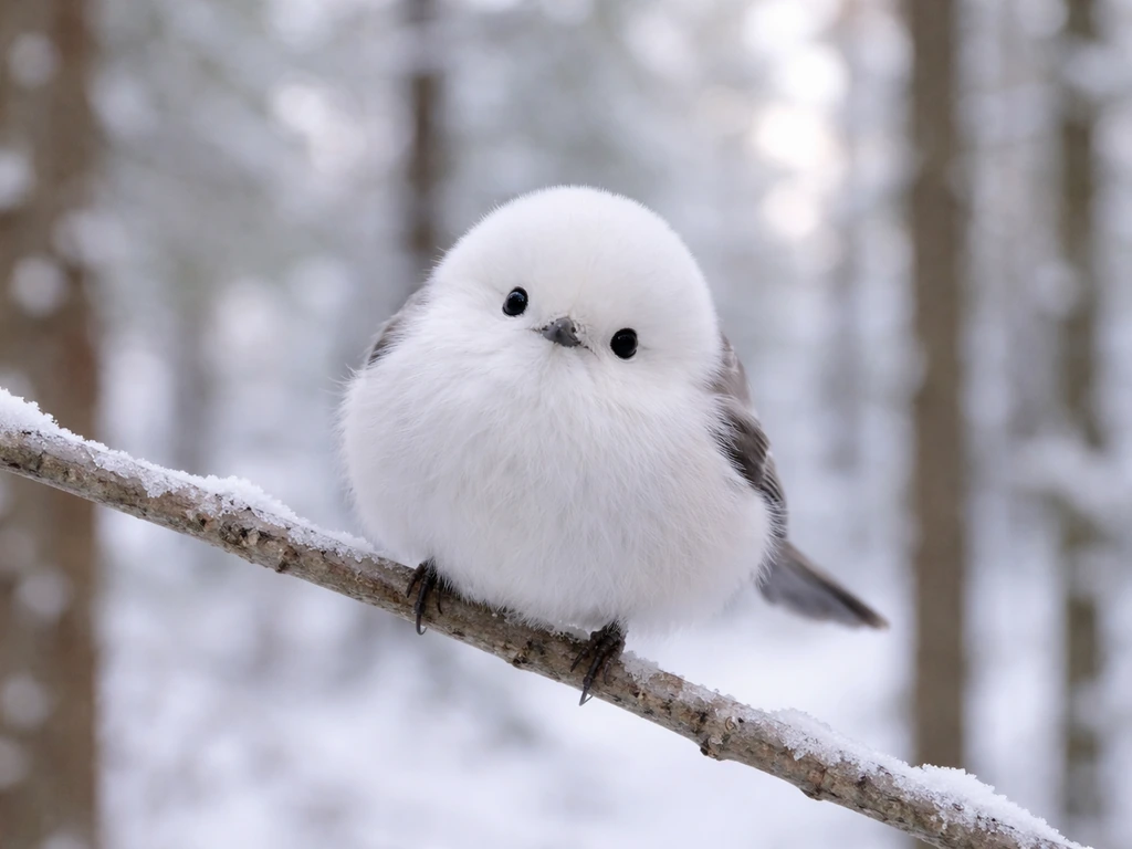 A small round, fluffy white-faced bird perched on a branch in soft snowy woodland light