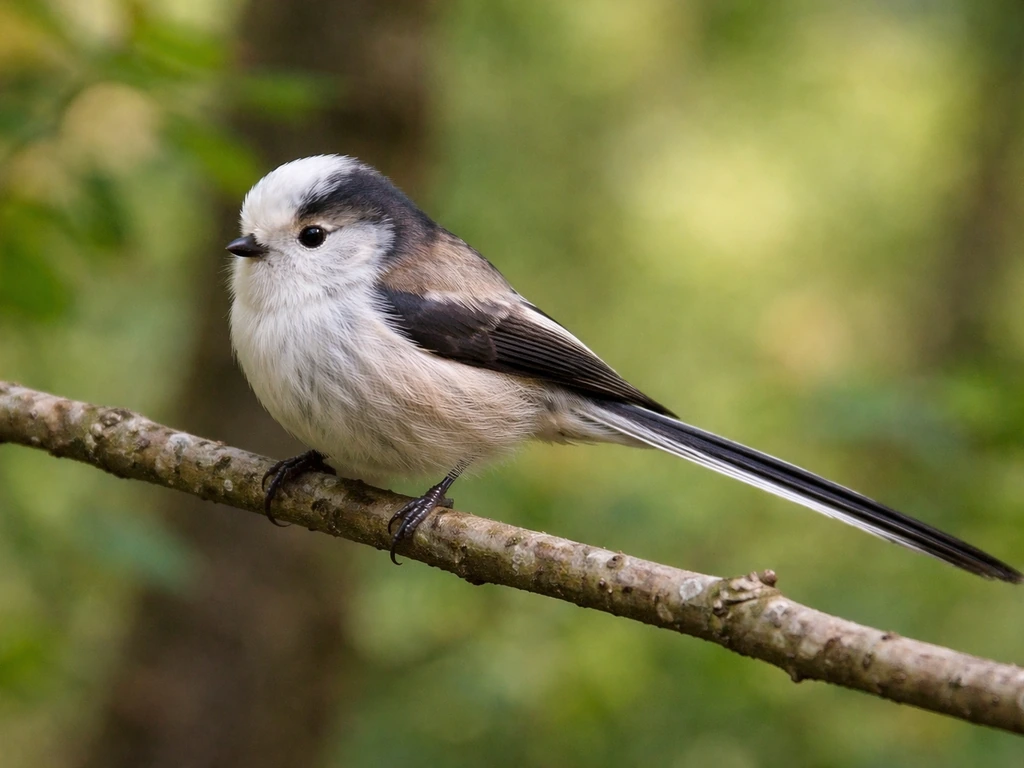 Long-tailed tit perched on a thin branch, showing its long narrow tail and small passerine body.