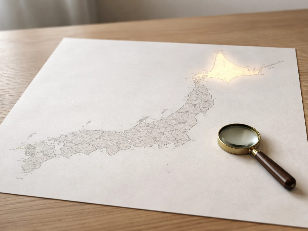 Minimal photo of a map-like view with a subtle highlight of Hokkaido and Japan islands for bird range context.
