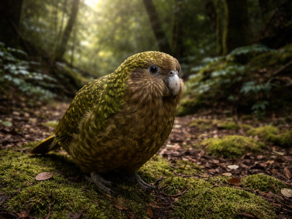 Kākāpō parrot on a mossy forest floor in a remote New Zealand habitat, surrounded by lush greenery.