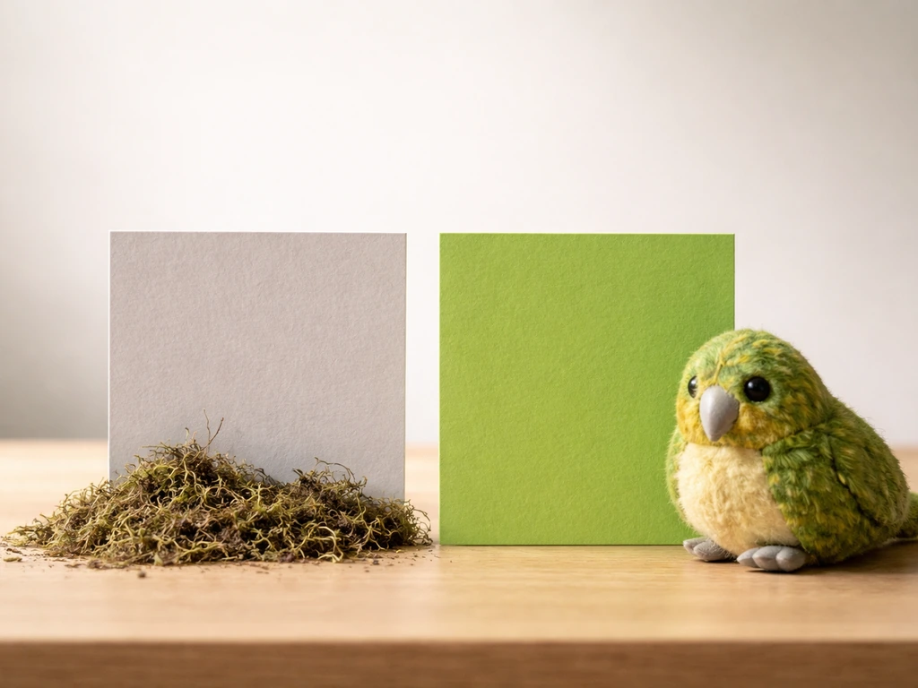 Minimal tabletop scene with two plain cards: one gray with moss, one green beside a small kakapo-like feather prop.