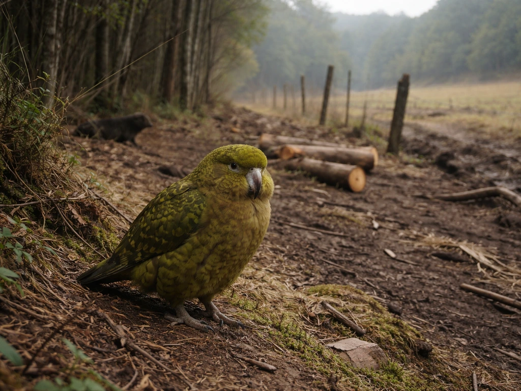 Kakapo-like flightless parrot near a forest edge as farmland clears behind it, with shadowy predator presence