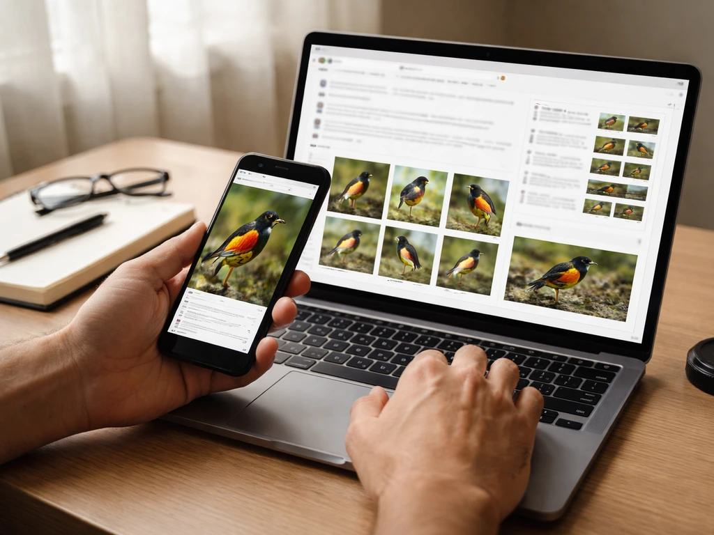 Hands compare bird claim results on a laptop and phone with taxonomy filters, minimal desk scene.