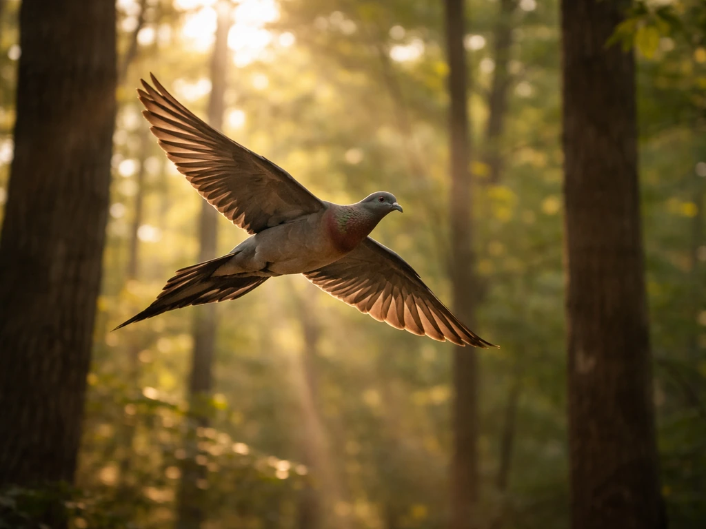 Passenger pigeon in flight over an eastern North American woodland, wedge tail and pointed wings visible