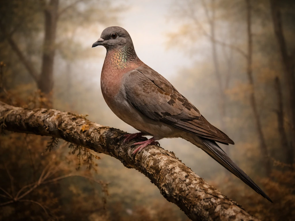 A museum-lit diorama of a passenger pigeon perched on a branch with a wedge-shaped tail.