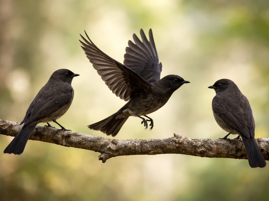 Close view of three anonymous birds showing wedge tail, pointed wings, and small head/neck proportions.