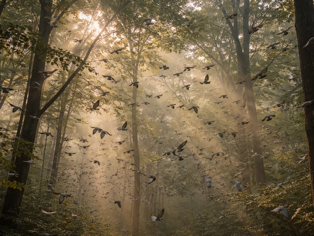 Enormous passenger pigeon flocks move through a misty eastern forest canopy at dawn.