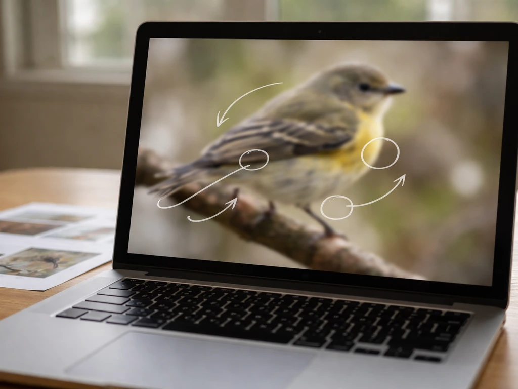Close-up of a bird photograph on a laptop screen with verification checklist arrows for shape and habitat cues.