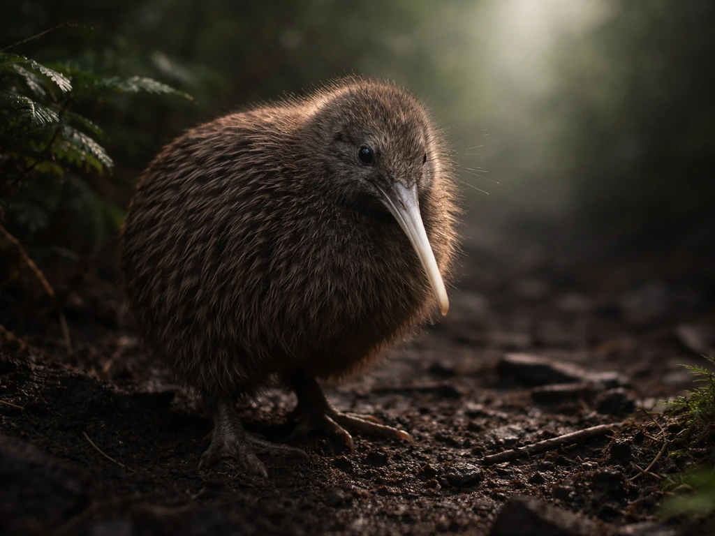 Close-up of a kiwi bird on dark ground at dawn, evoking protected wildlife.