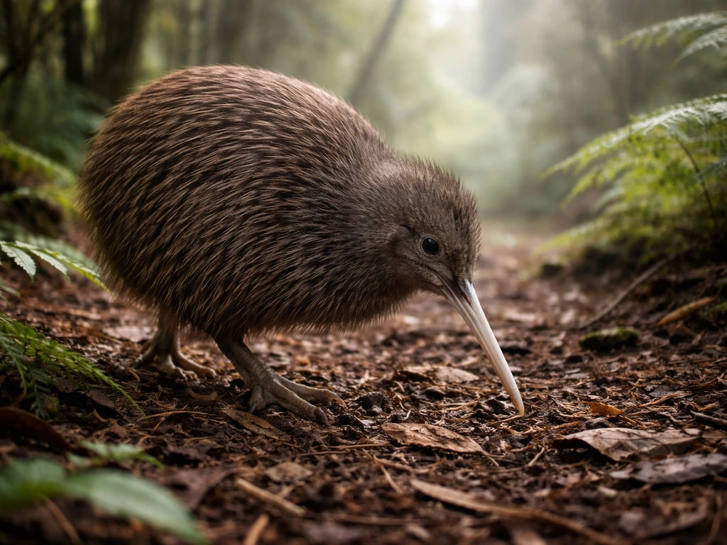 Brown kiwi walking through native forest leaf litter in New Zealand