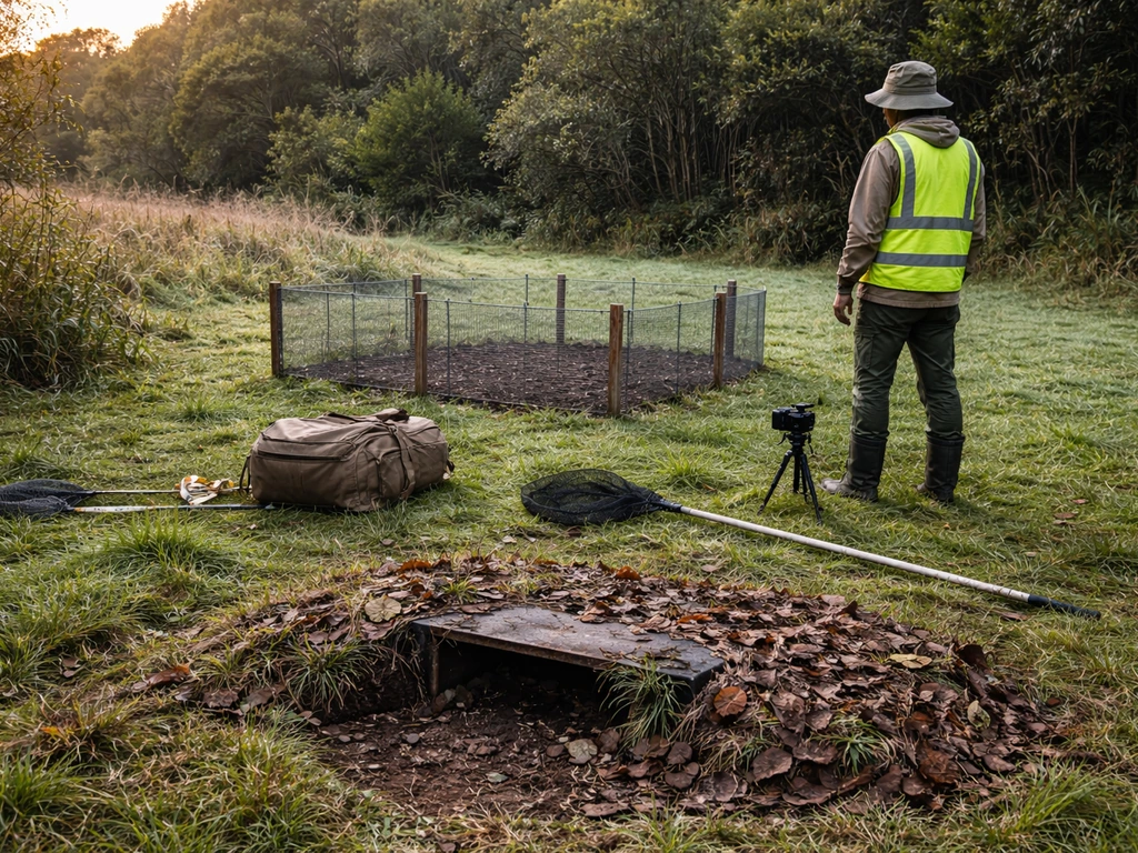 Wildlife officer gear and a kiwi monitoring setup with a DOC-style trap camera, observing a fenced area.
