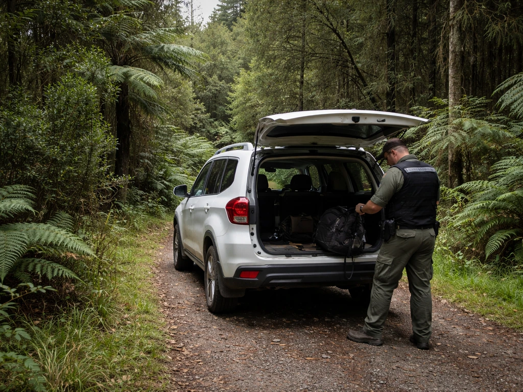 New Zealand-style conservation enforcement scene with a DOC-style vehicle parked in native forest under natural light.