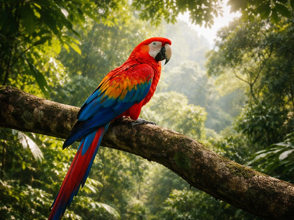 A colorful macaw perched on a tropical tree in a lush rainforest canopy.