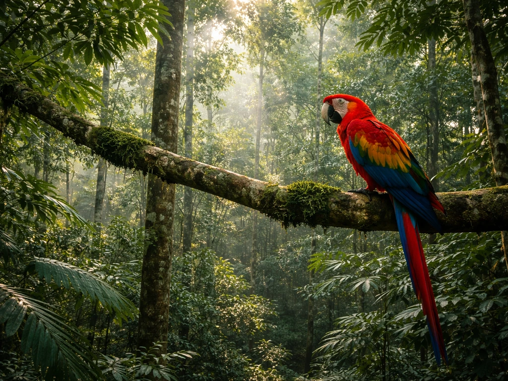 Scarlet macaw perched on a branch above a humid lowland evergreen forest canopy