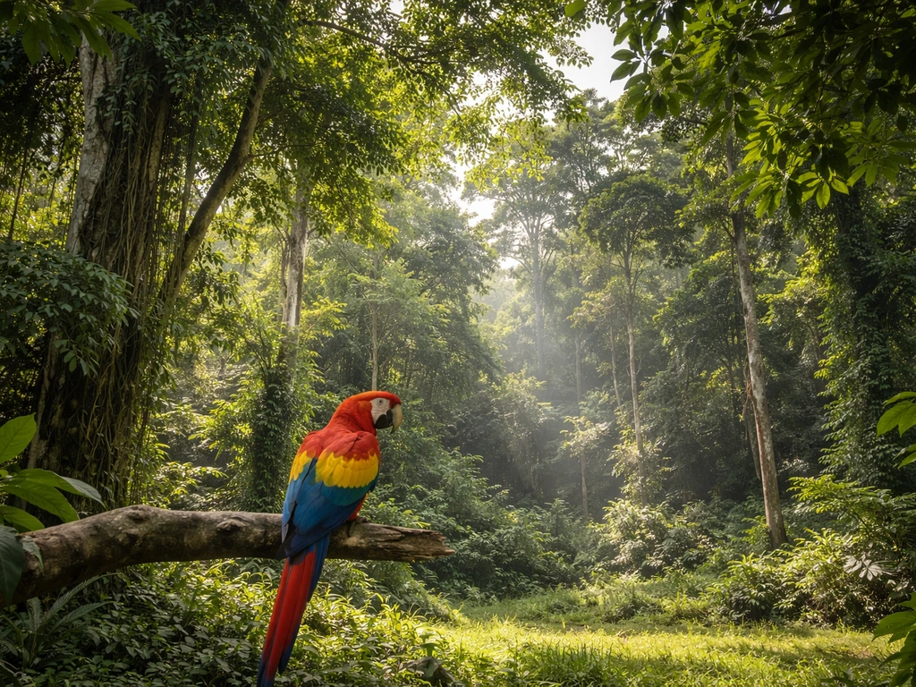 Scarlet macaw perched on a rainforest branch in a Belize-style tropical habitat with sunlit greenery.