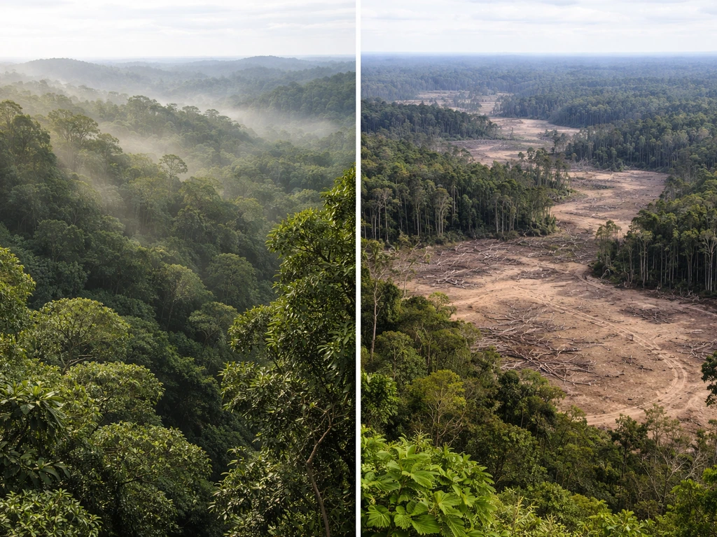 Split view of intact rainforest versus fragmented deforested patches separating remaining forest habitat.