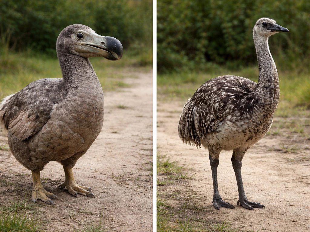 Side-by-side view of a dodo-like flightless bird and a different look-alike bird with distinct beaks and plumage.