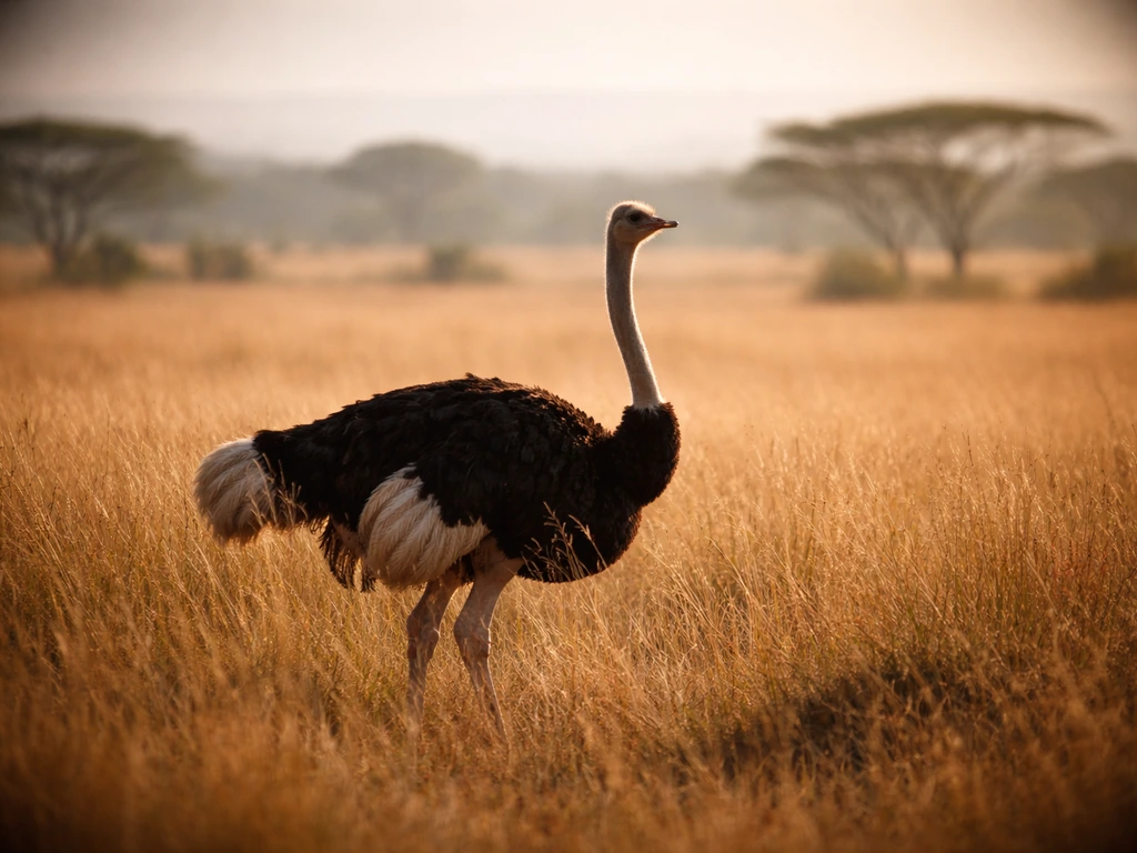 A realistic ostrich standing in a sunlit grassland savanna, emphasizing wildlife conservation.