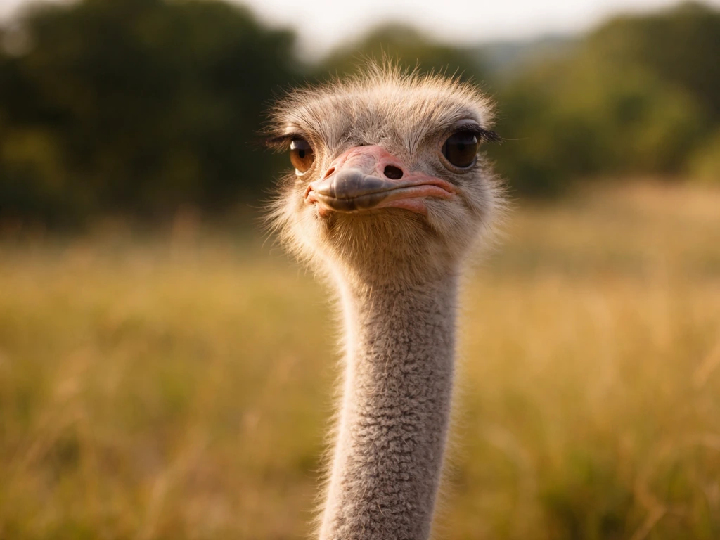 Common ostrich standing outdoors with a minimal, blurred savannah background.