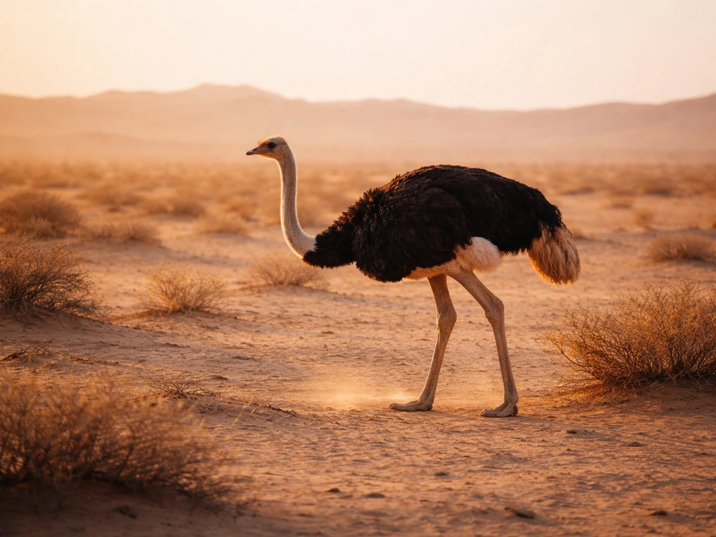 Arabian ostrich standing in a dry desert with sparse scrub under warm golden light.