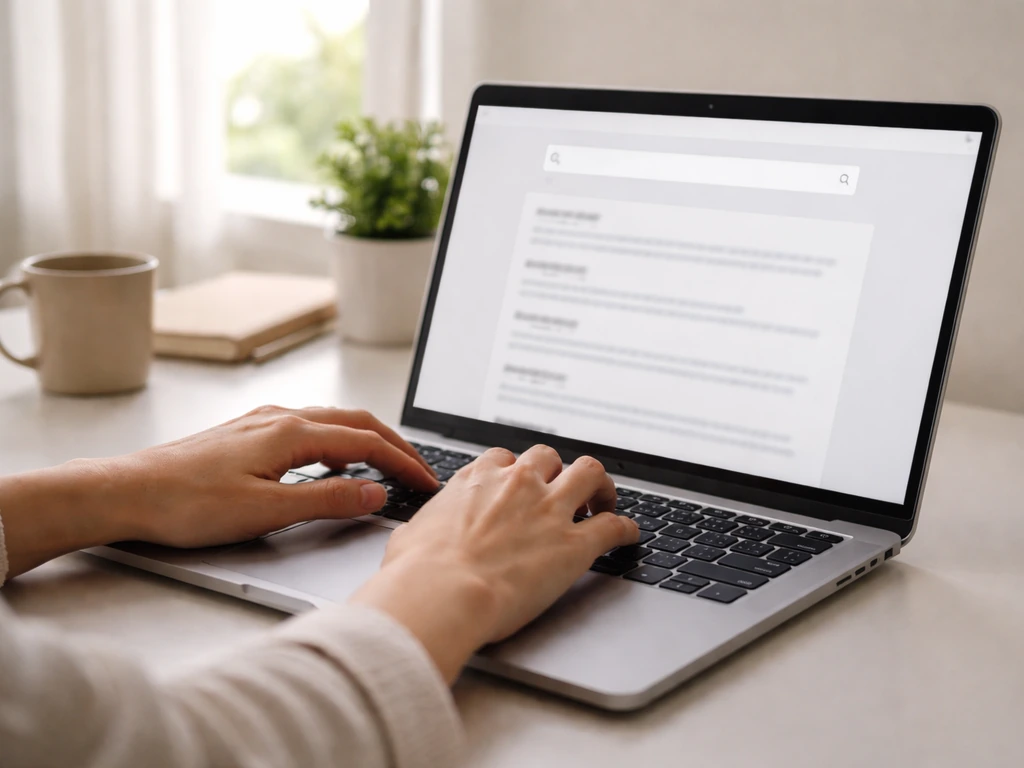Person using a laptop to search IUCN Red List for “Struthio camelus,” simple desk scene.