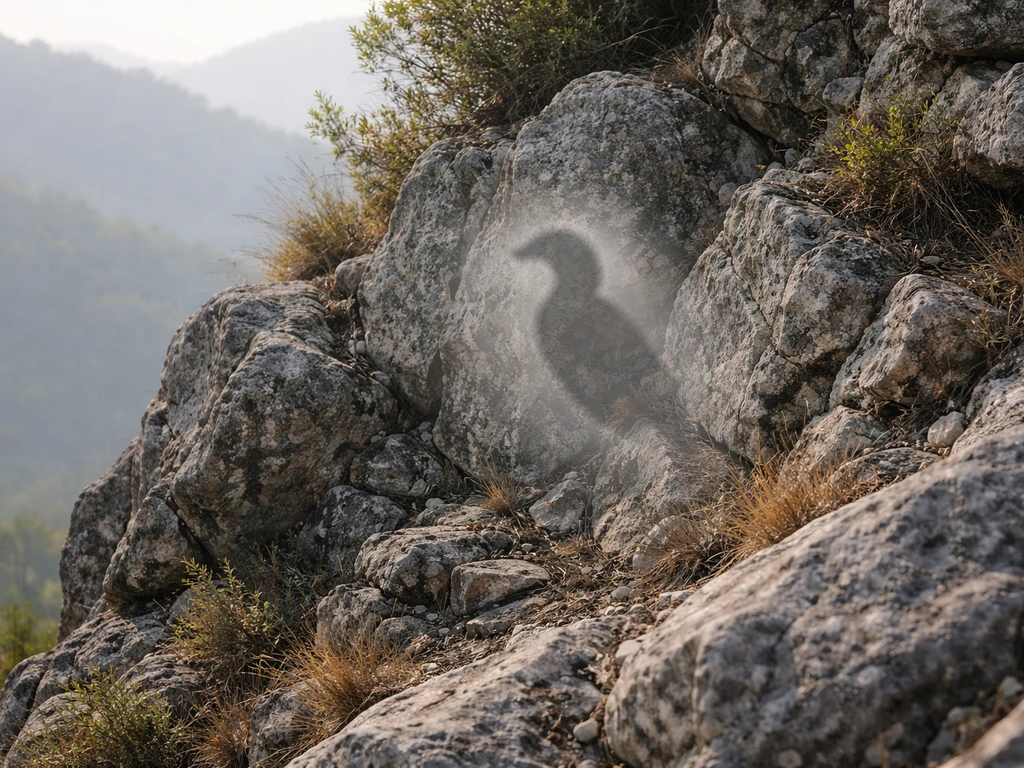 Rocky cliff habitat with a faint question-mark silhouette suggesting uncertainty in identifying the bird species.
