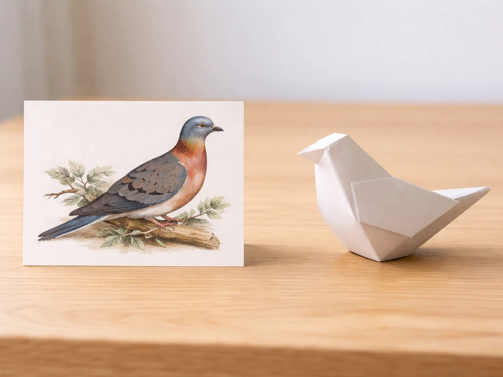 Side-by-side passenger pigeon illustration and an anonymous generic AI-style bird placeholder on a tabletop.