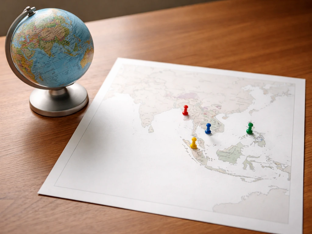 Tabletop globe and blank map with a few colored pins marking candidate regions in South and Southeast Asia.