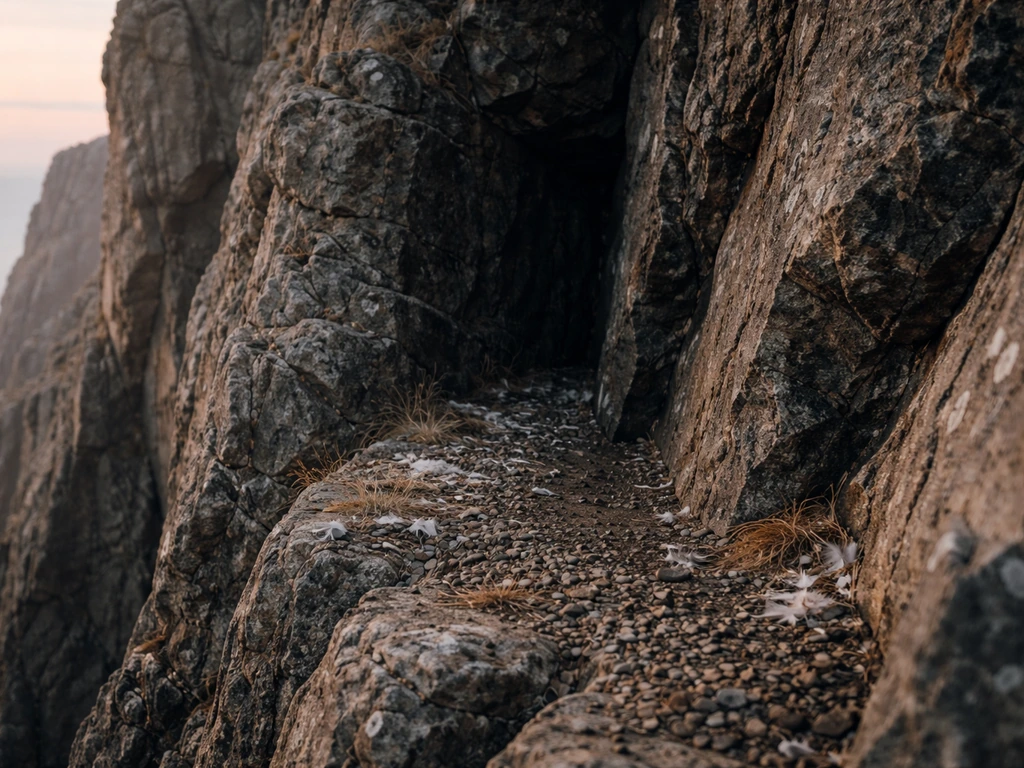 High-altitude rocky cliff face with crevices and ledges showing natural nesting habitat textures.