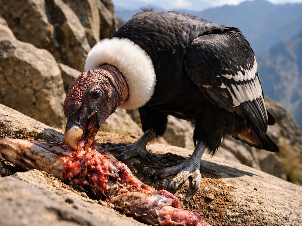 Close-up of an Andean condor with hooked beak and talons on rocky mountainside