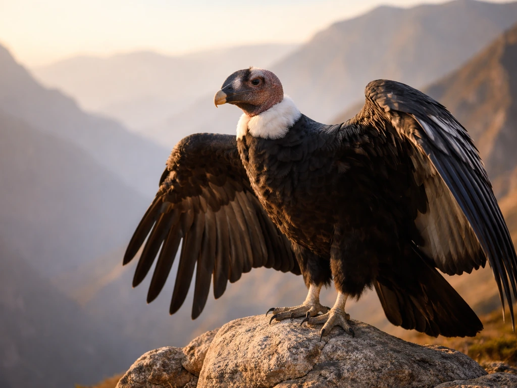 Andean condor perched in a mountain landscape, showing broad wings and hooked beak.