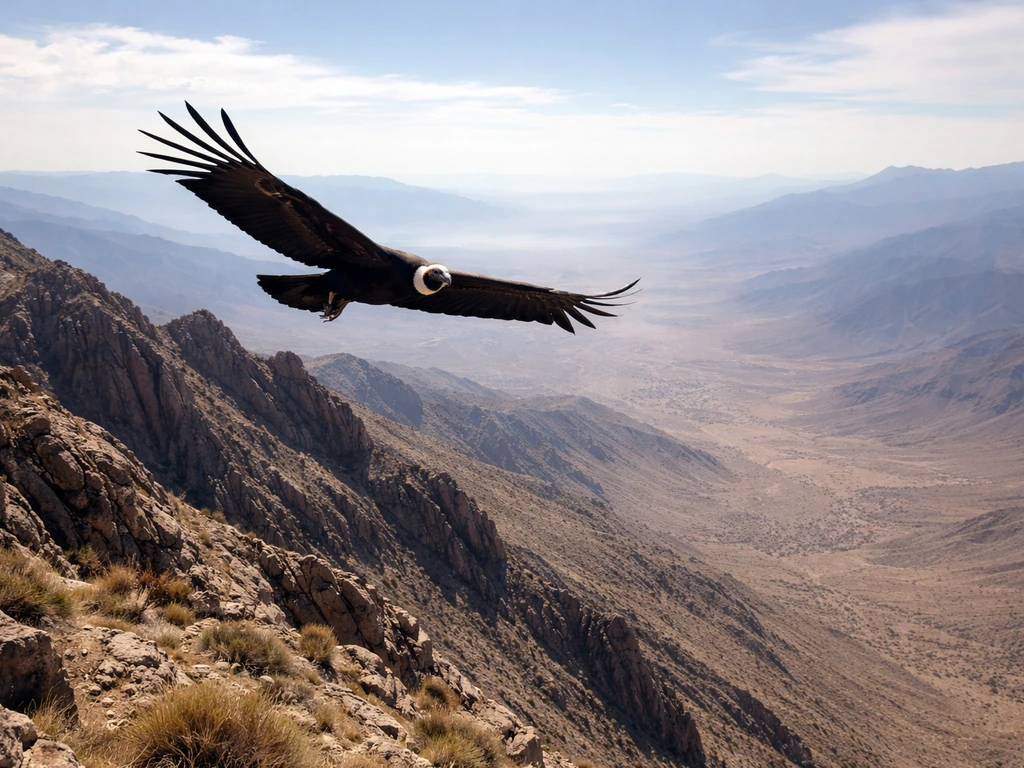 Andean condor soaring over rugged mountain and desert landscape in western South America