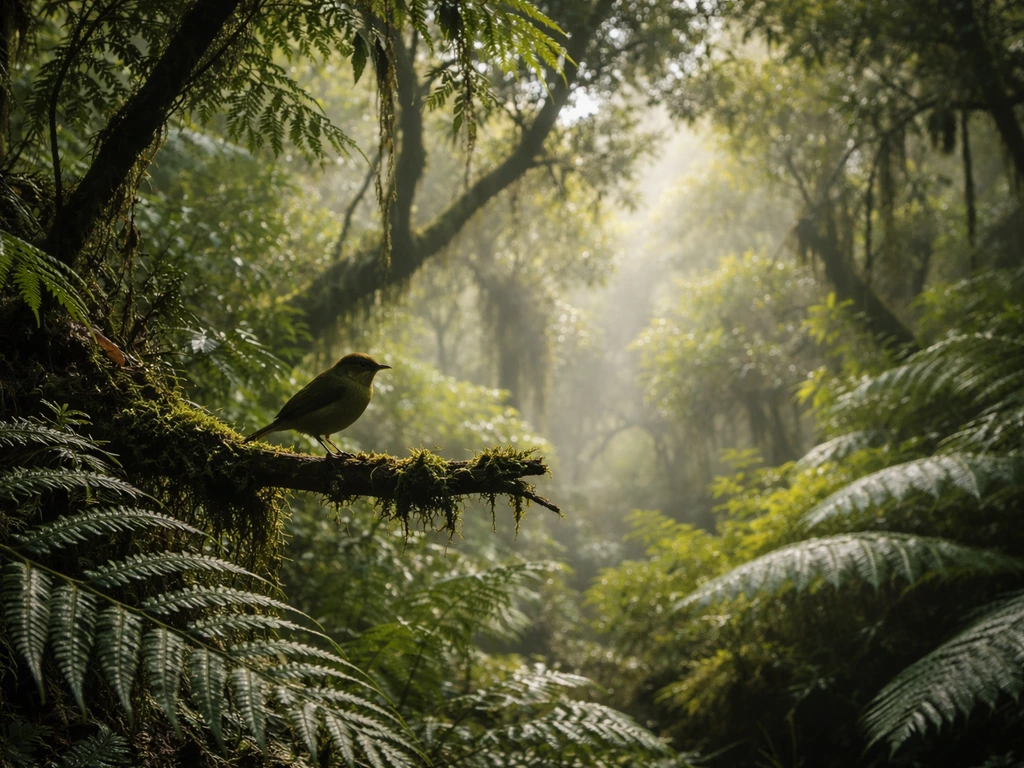 Kauaʻi rainforest with a small honeycreeper-style bird perched in misty green foliage.