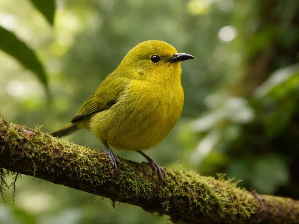 Close-up of a Hawaiian honeycreeper-like bird perched on a tropical branch in soft rainforest light.