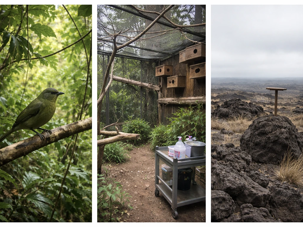 Three-panel photo-style scene: wild bird in forest, zoo enclosure with caretaker tools, and a distant empty habitat.